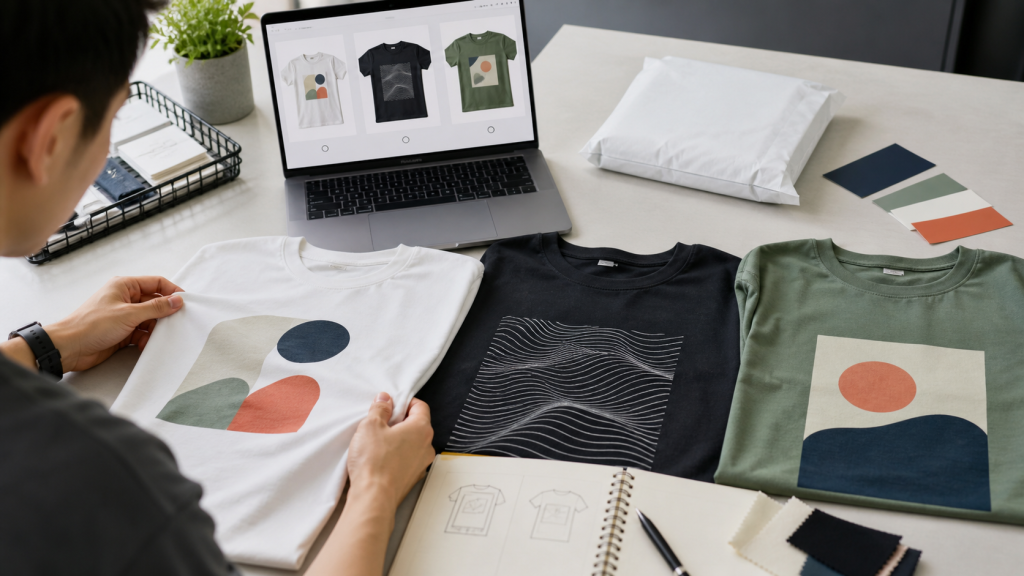 Online store owner comparing three T-shirt dropshipping designs for a small-batch test