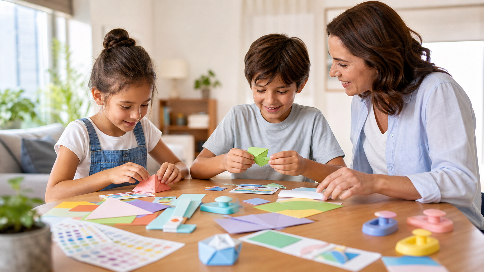 Children using a generic paper craft kit at a bright family table