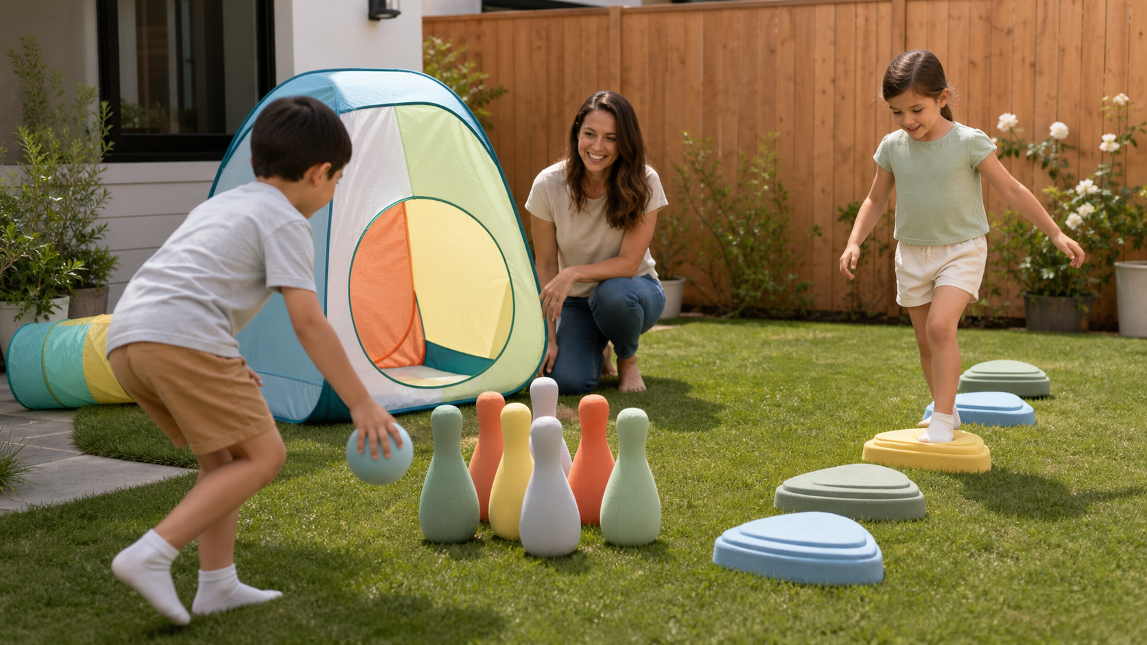 Compact outdoor and indoor active-play toys prepared for a family activity