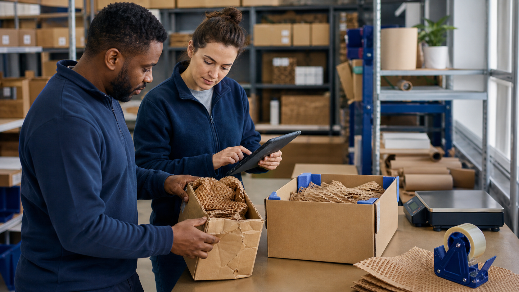 Warehouse team reviewing damaged packaging and preparing a protected replacement box