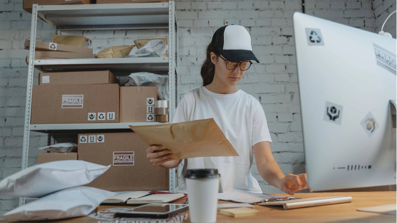A young woman sorting packages in a warehouse office setting