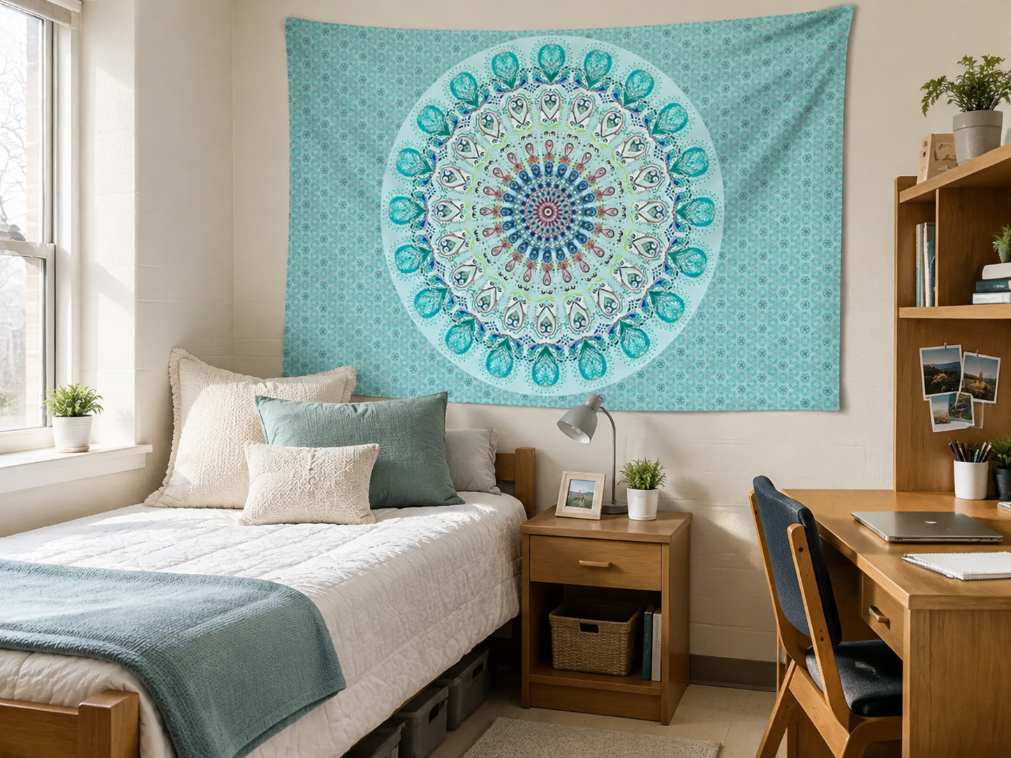 blue mandala tapestry styled in a college dorm room