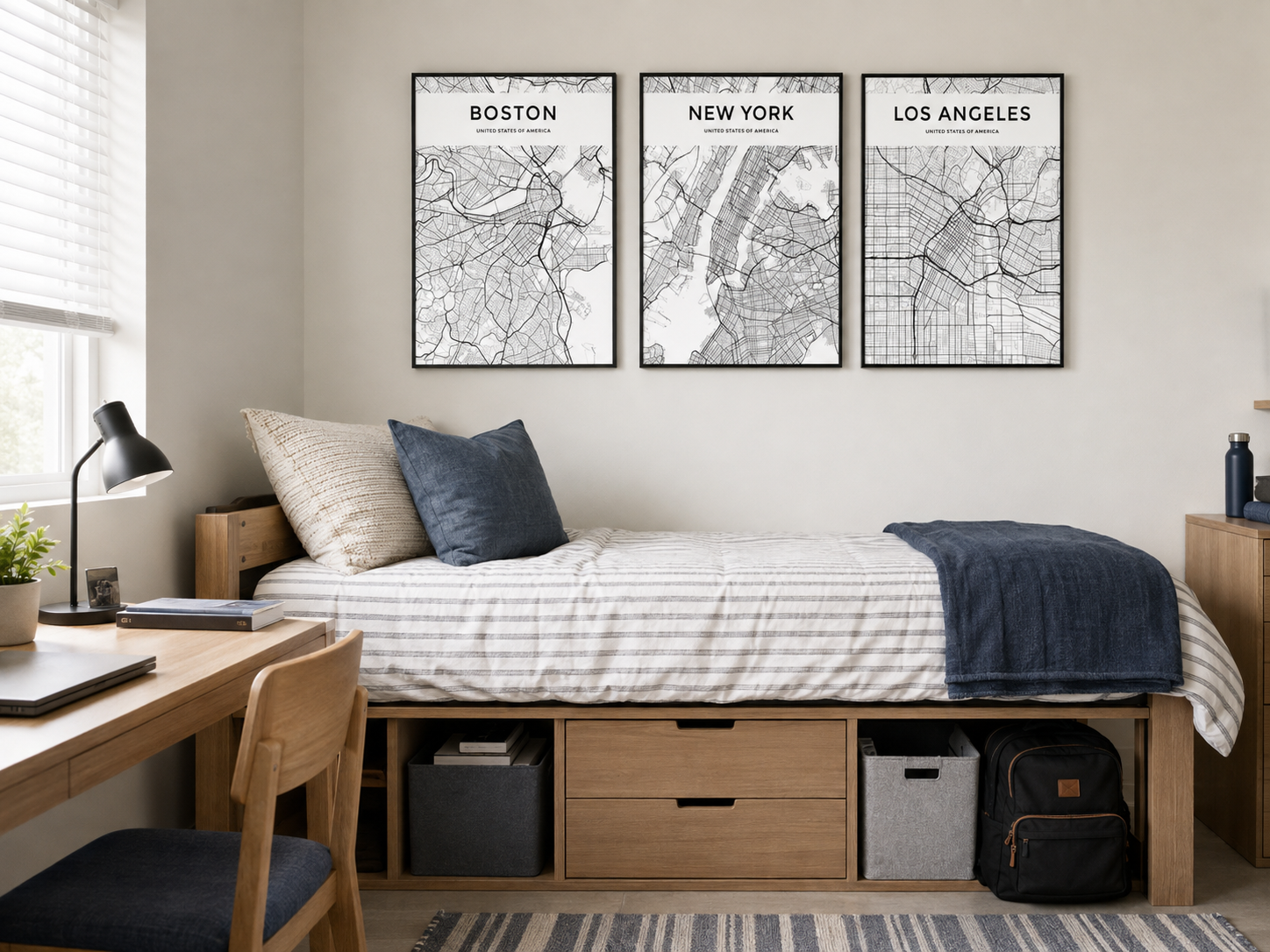 city map print set styled above a college dorm bed