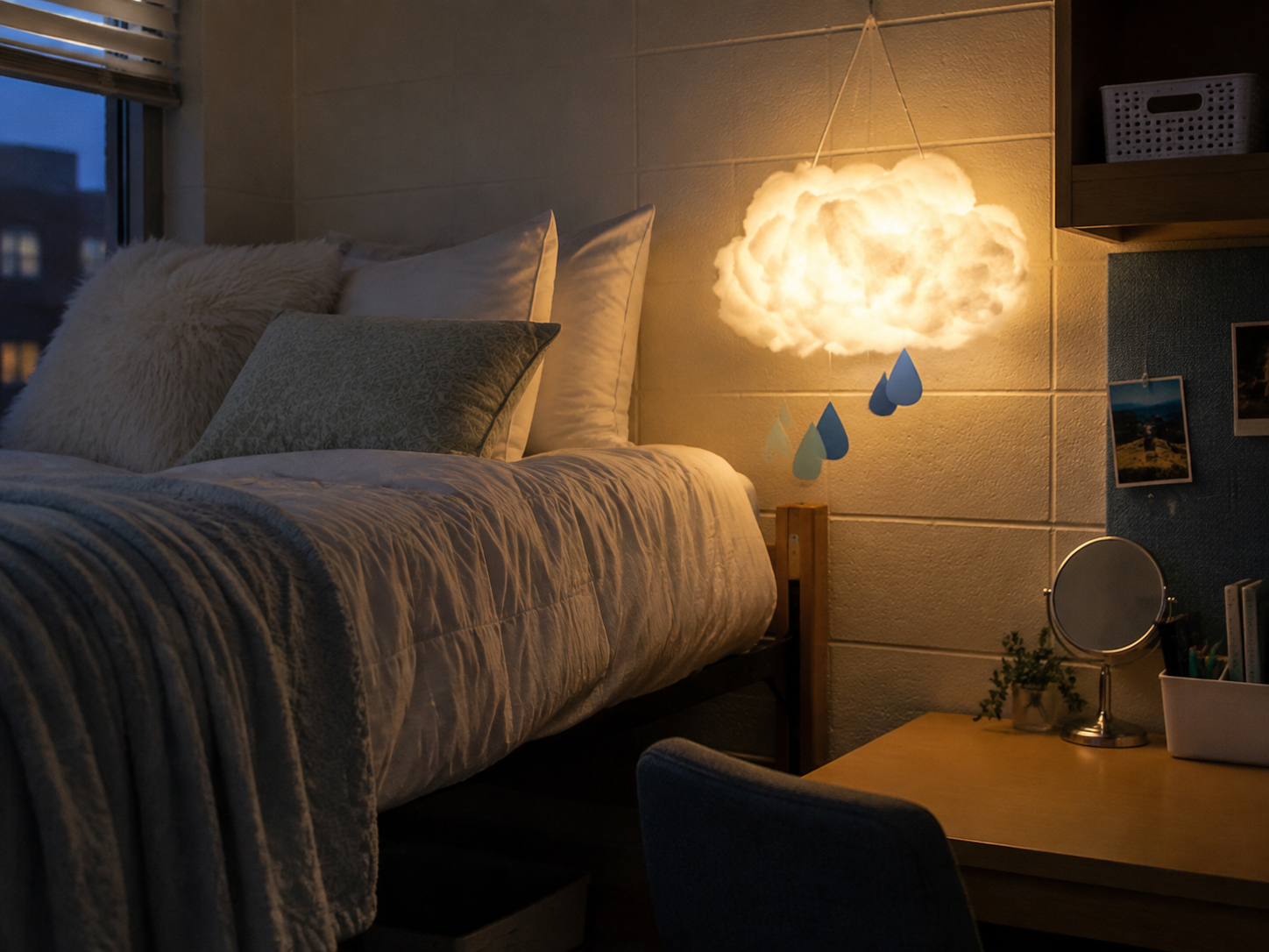 cloud light dream catcher glowing beside a dorm bed