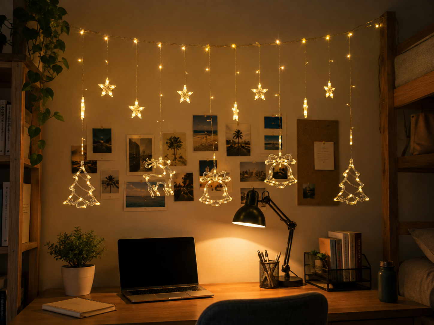 warm led string lights above a college dorm study desk