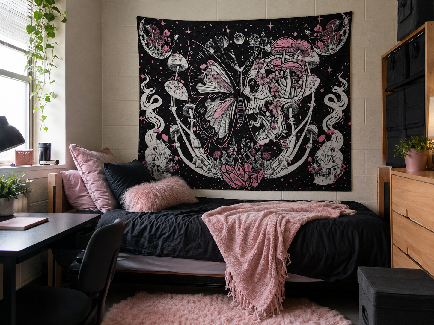 mushroom and moon tapestry styled above a dorm bed