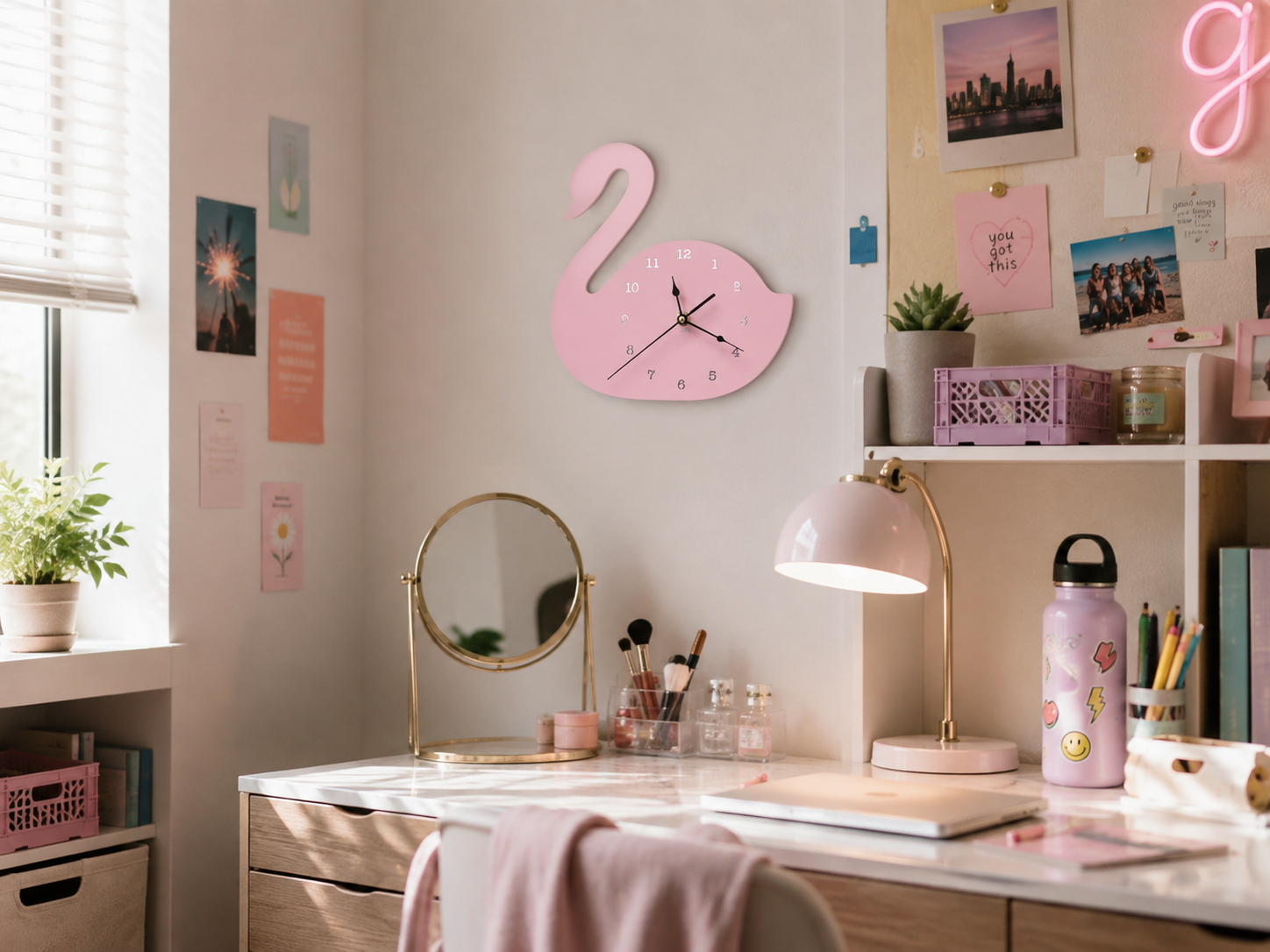 pink swan wall clock in a playful college dorm room