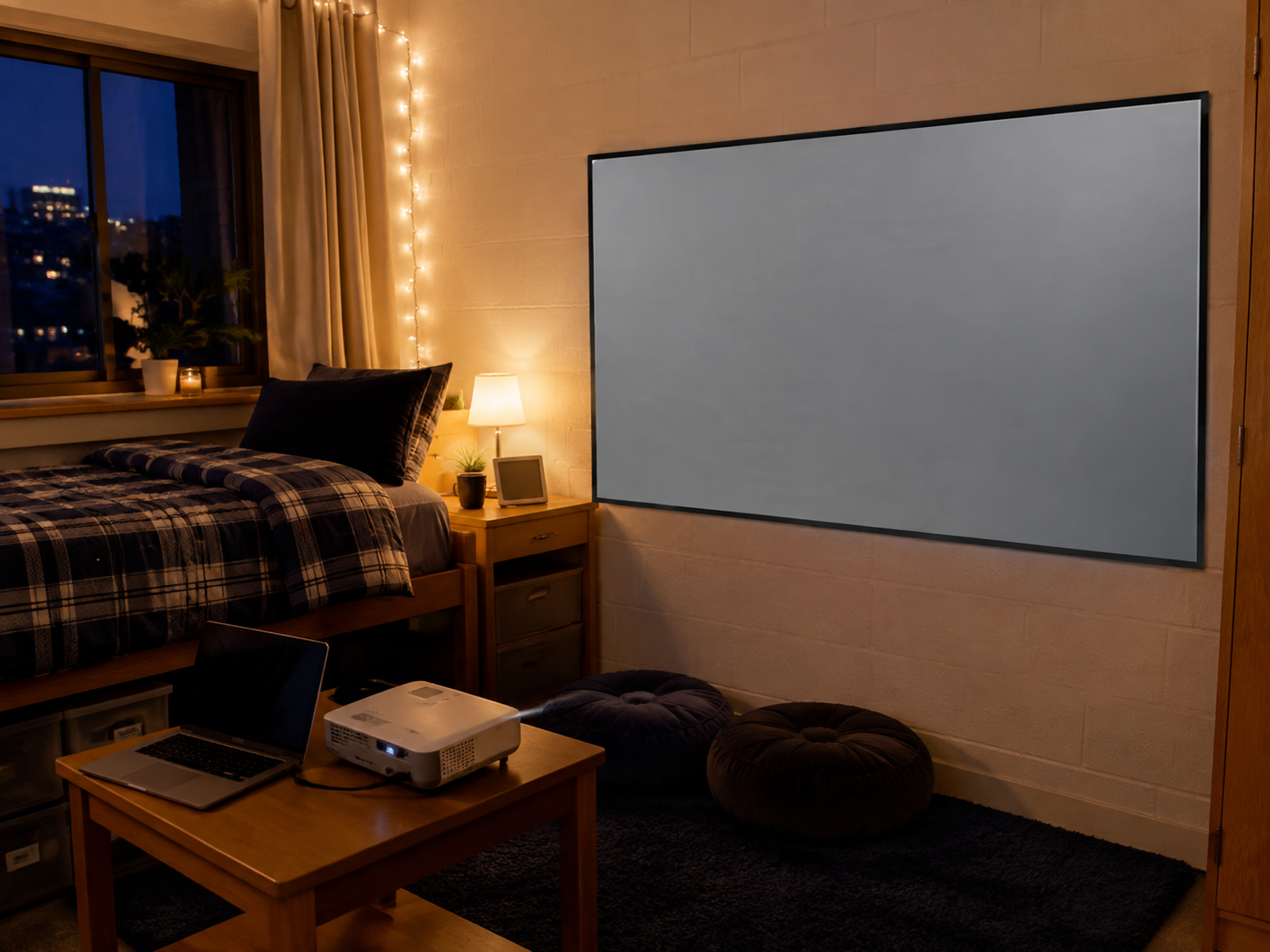 portable projector screen set up in a college dorm room