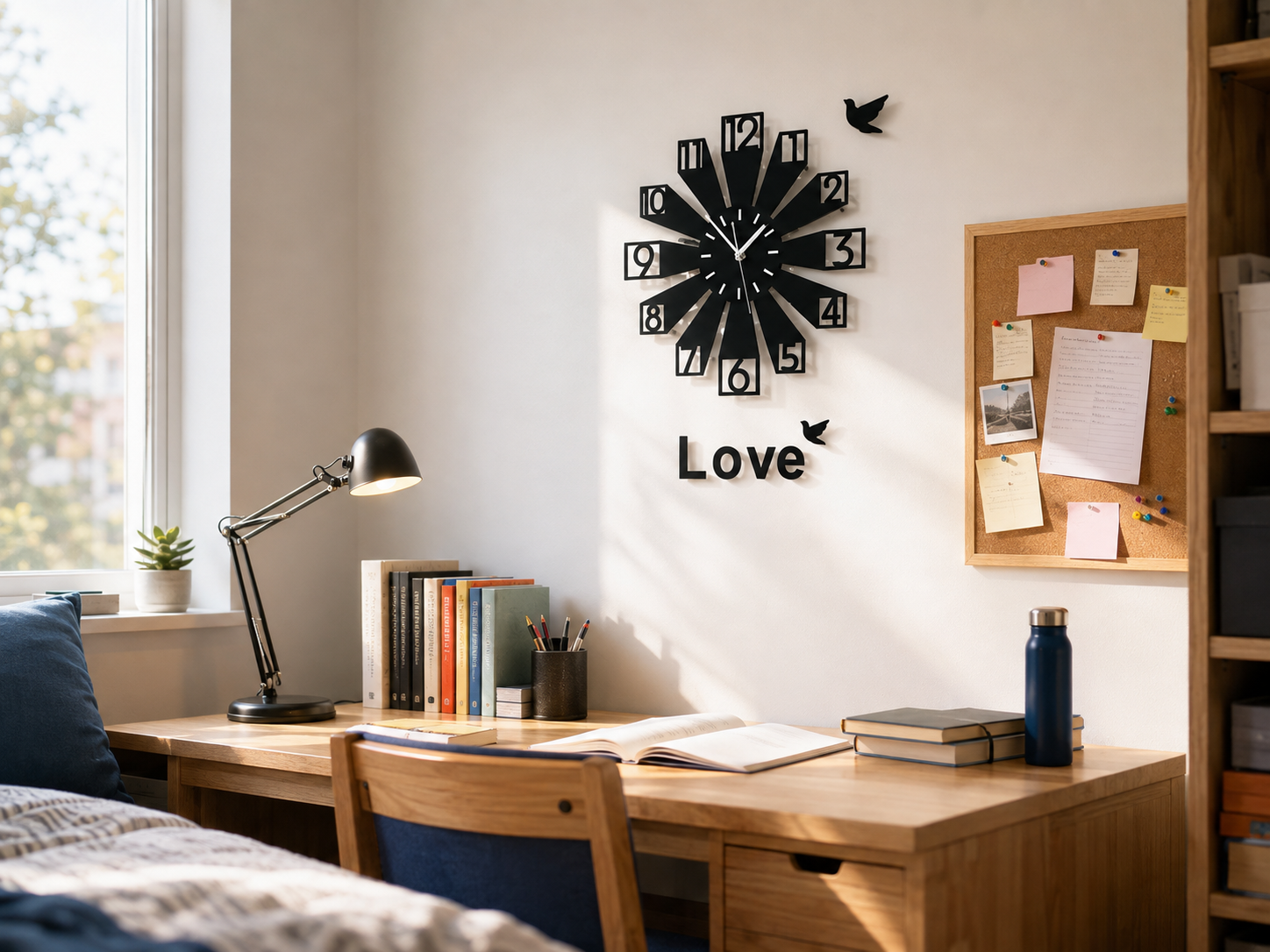 silent art wall clock above a college dorm study desk