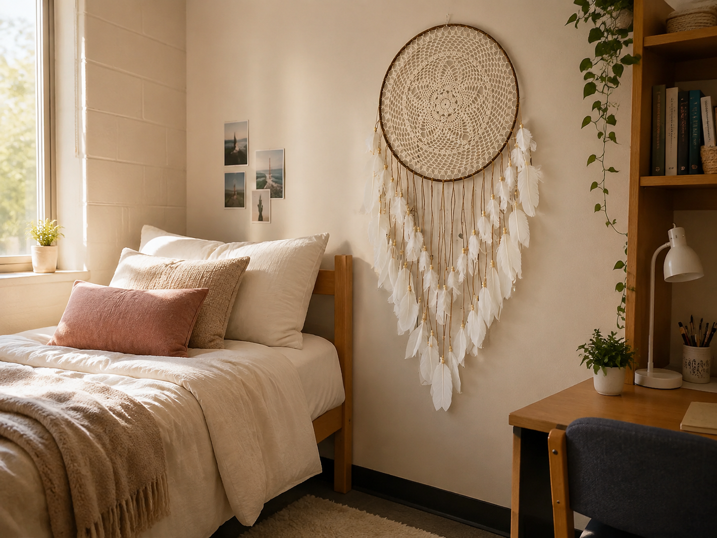 white feather dream catcher beside a college dorm bed