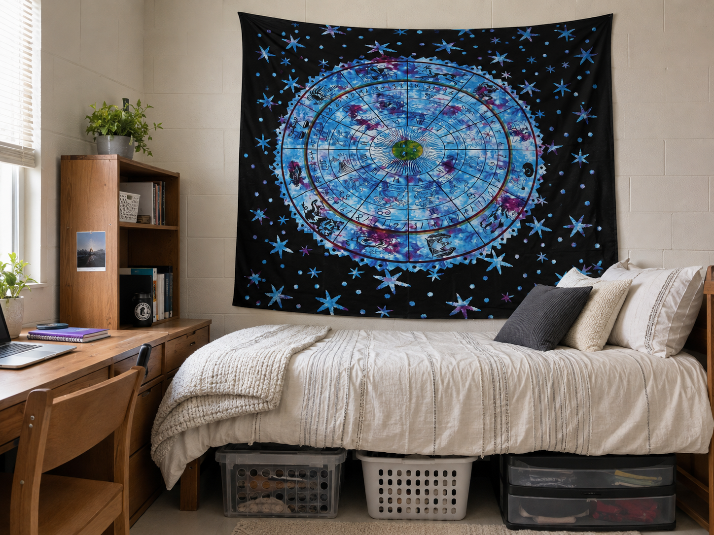 zodiac tapestry displayed as college dorm wall decor