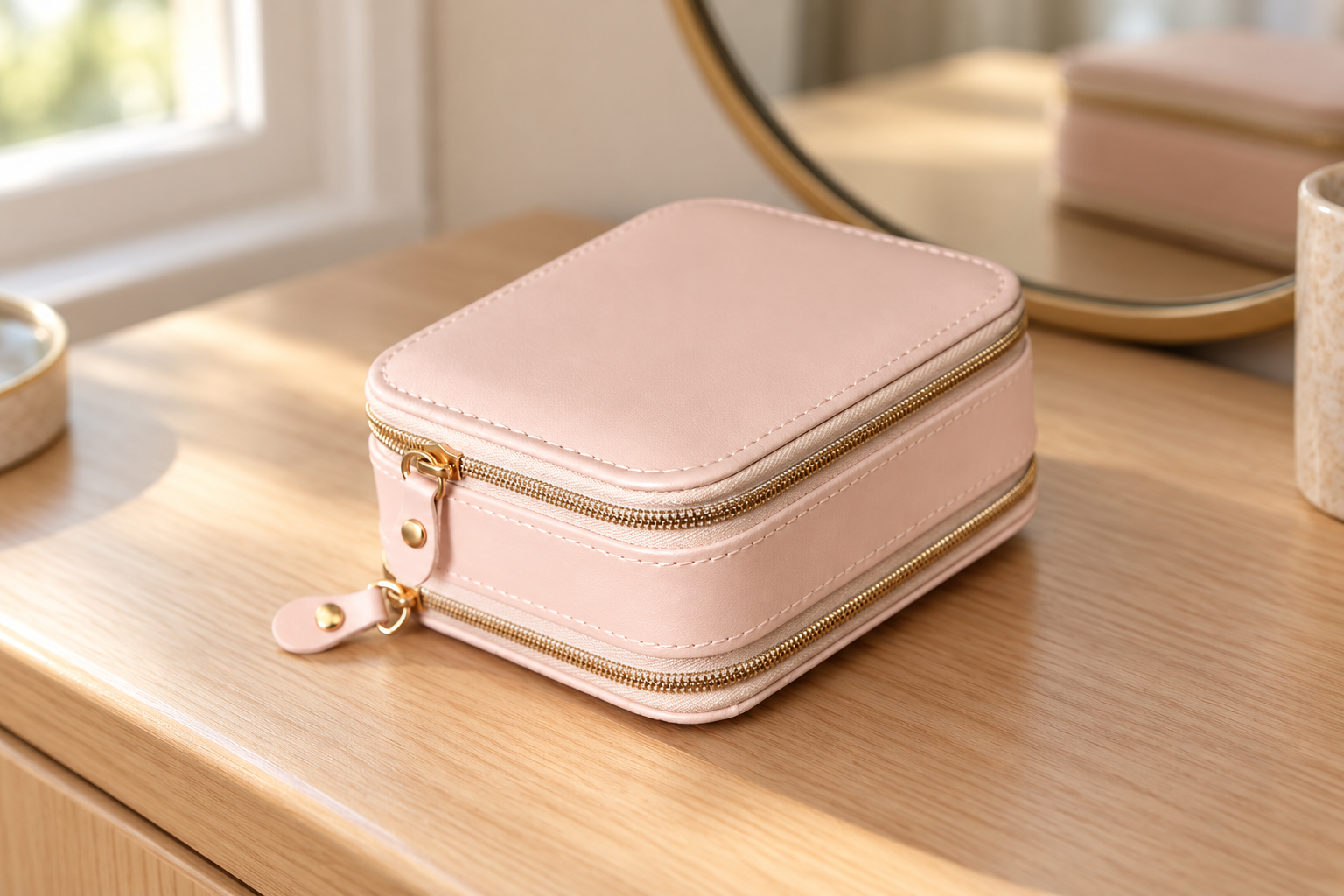 ai product photography scene of a pink jewelry case on a bedroom vanity