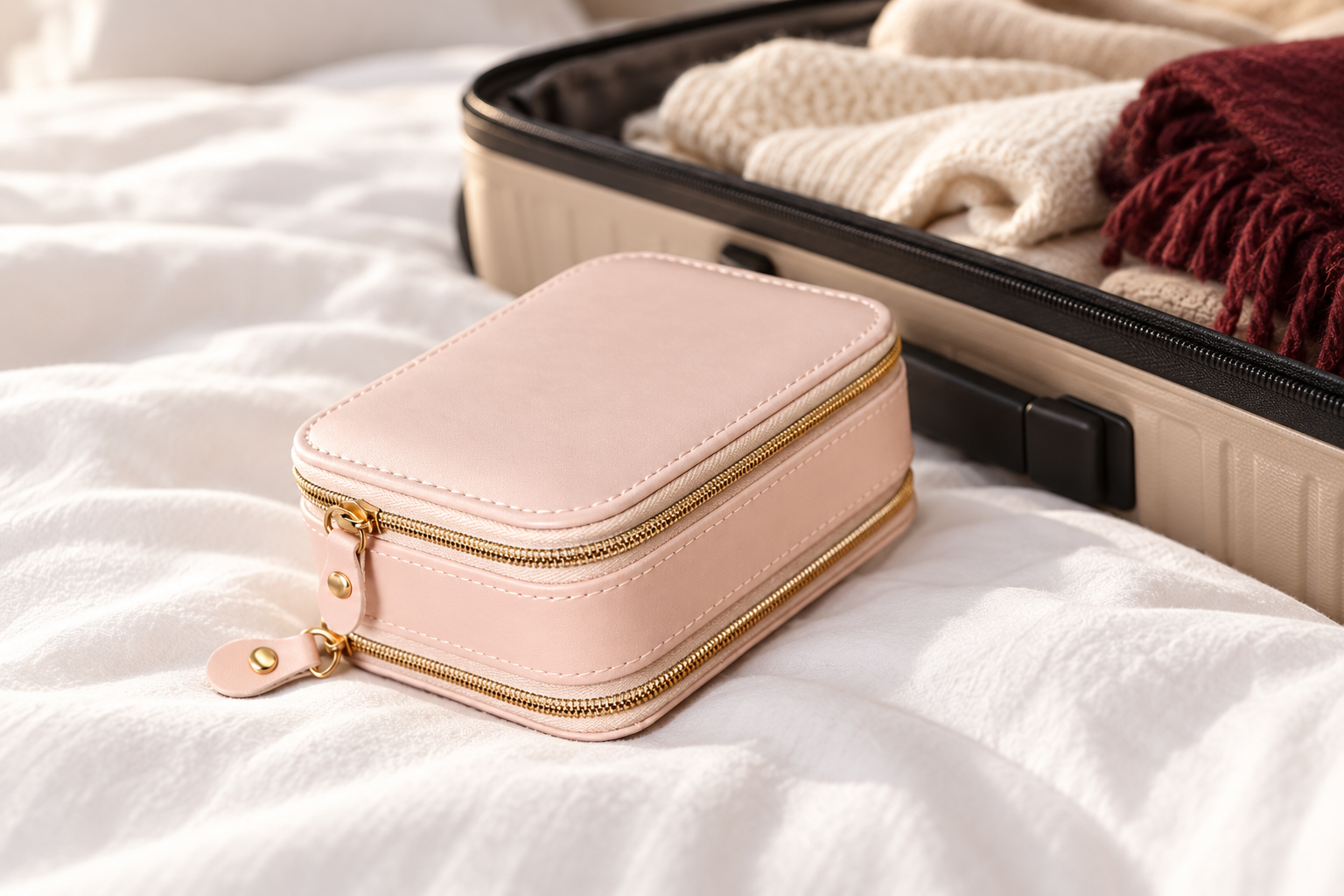 ai product photography scene of a pink jewelry case beside an open suitcase